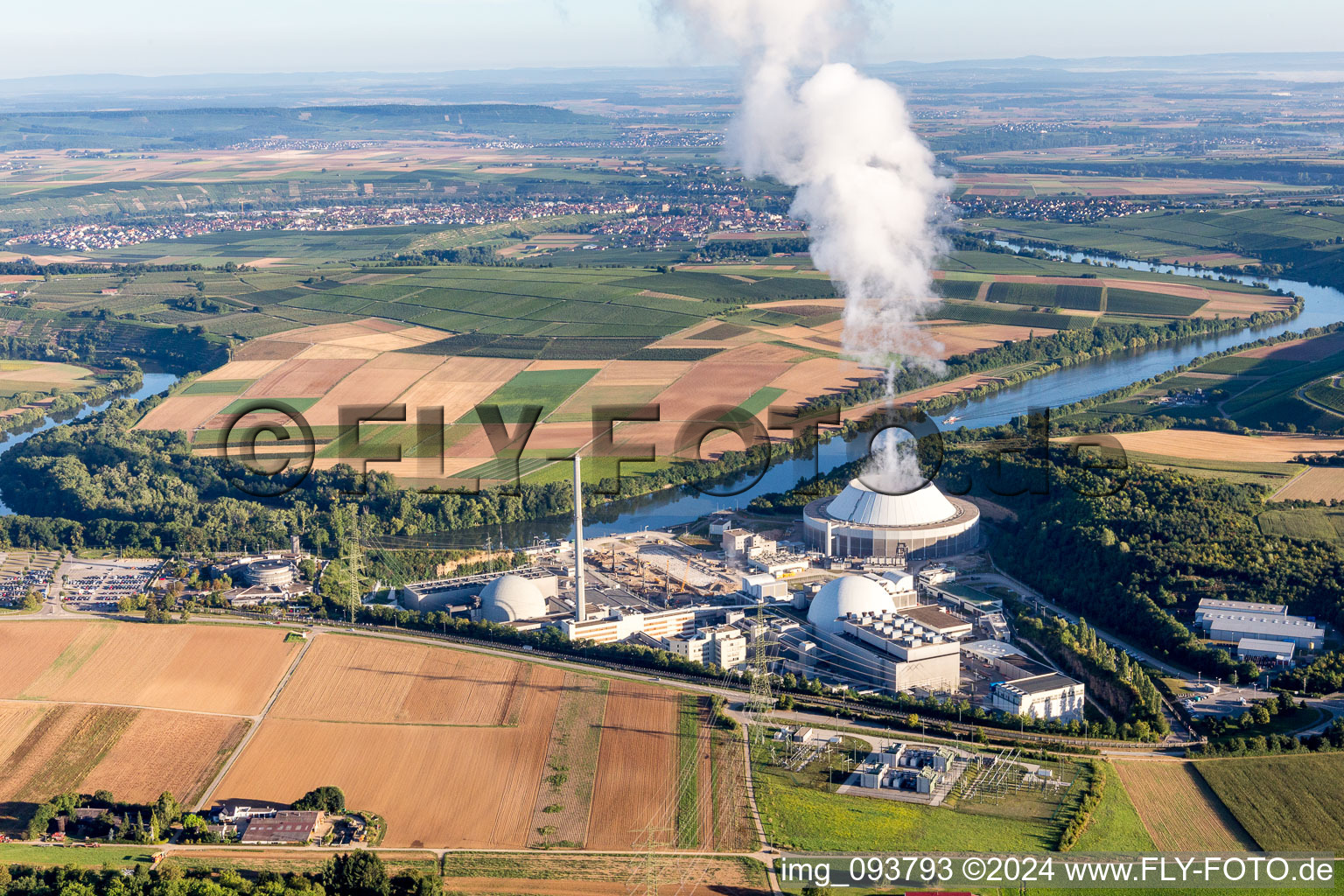 Oblique view of Building remains of the reactor units and facilities of the NPP nuclear power plant GKN Neckarwestheim in Neckarwestheim in the state Baden-Wurttemberg, Germany