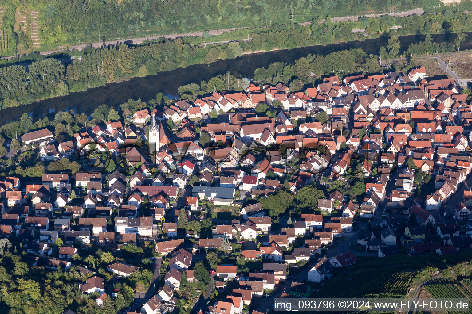 Aerial view of Town on the banks of the river of the river Neckar in Gemmrigheim in the state Baden-Wurttemberg, Germany