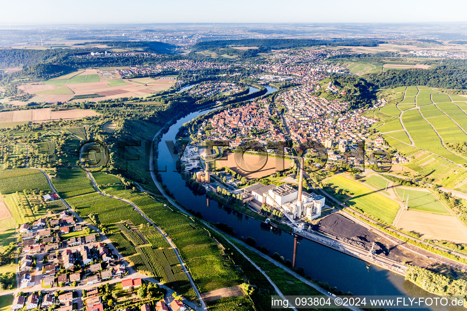 Aerial view of Village and Power plant Walheim (EnBW) on the river bank areas of Neckar in Walheim in the state Baden-Wurttemberg, Germany