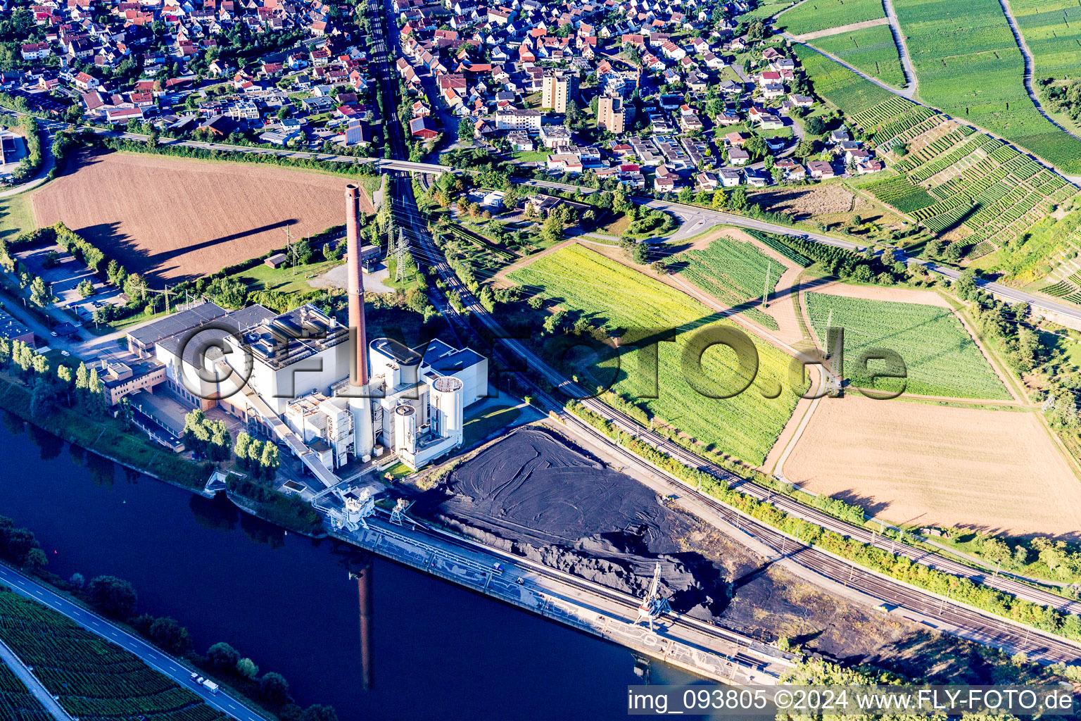 Aerial photograpy of Village and Power plant Walheim (EnBW) on the river bank areas of Neckar in Walheim in the state Baden-Wurttemberg, Germany