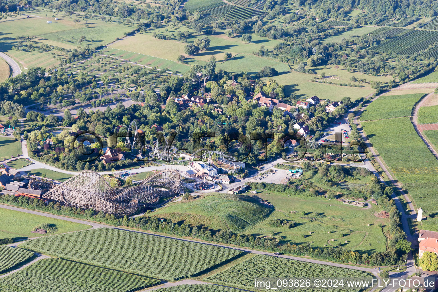 Aerial view of Tripsdrill Adventure Park in the district Treffentrill in Cleebronn in the state Baden-Wuerttemberg, Germany