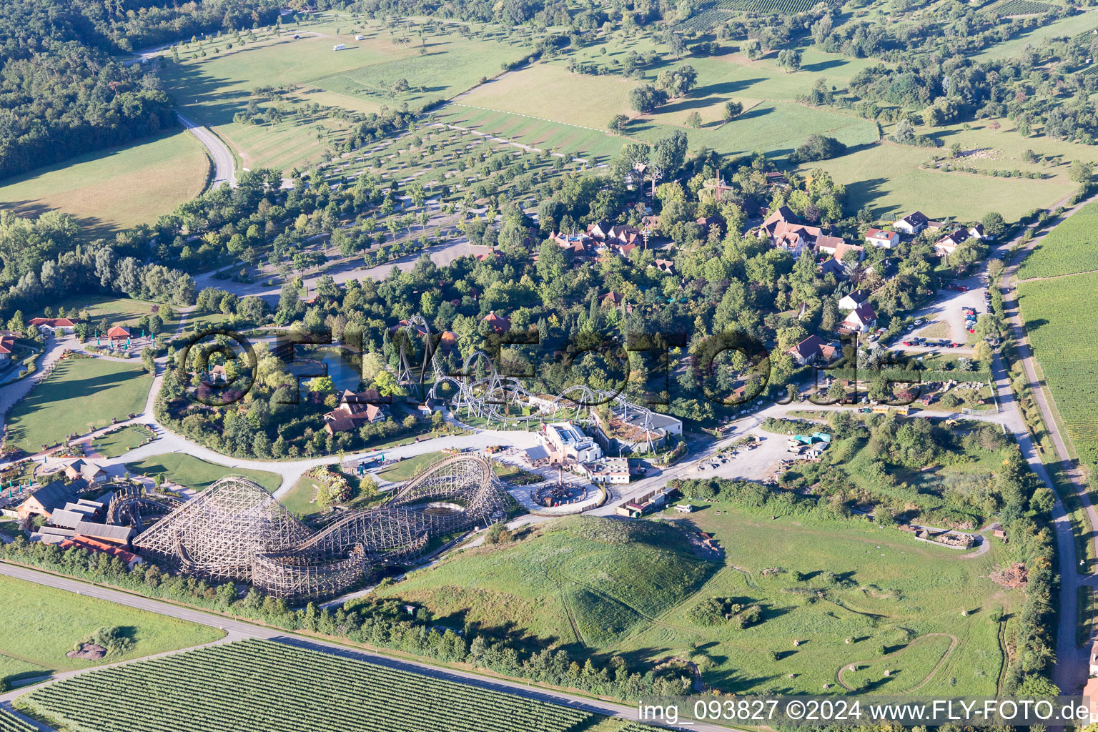 Aerial photograpy of Tripsdrill Adventure Park in the district Treffentrill in Cleebronn in the state Baden-Wuerttemberg, Germany