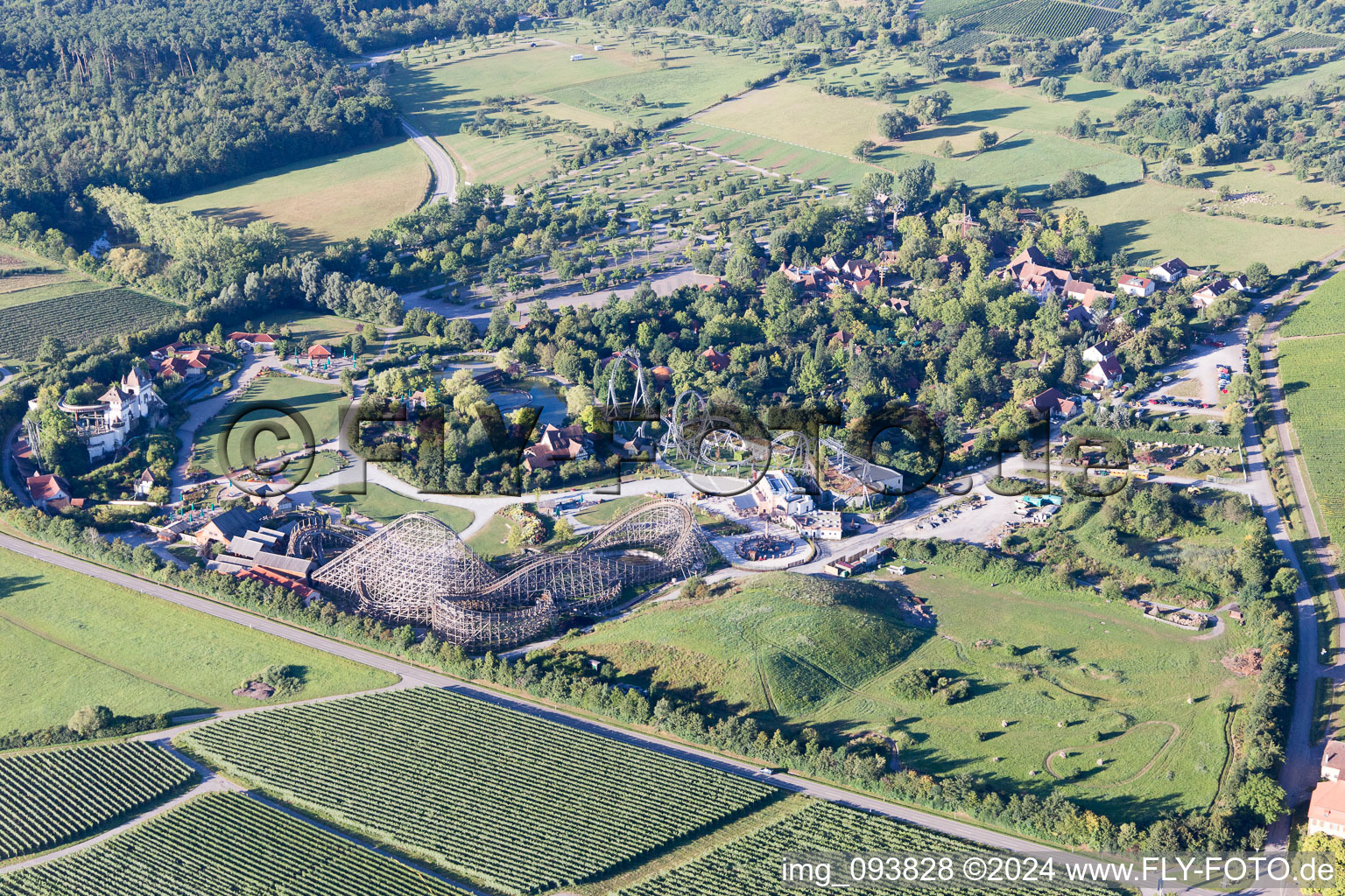 Oblique view of Tripsdrill Adventure Park in the district Treffentrill in Cleebronn in the state Baden-Wuerttemberg, Germany