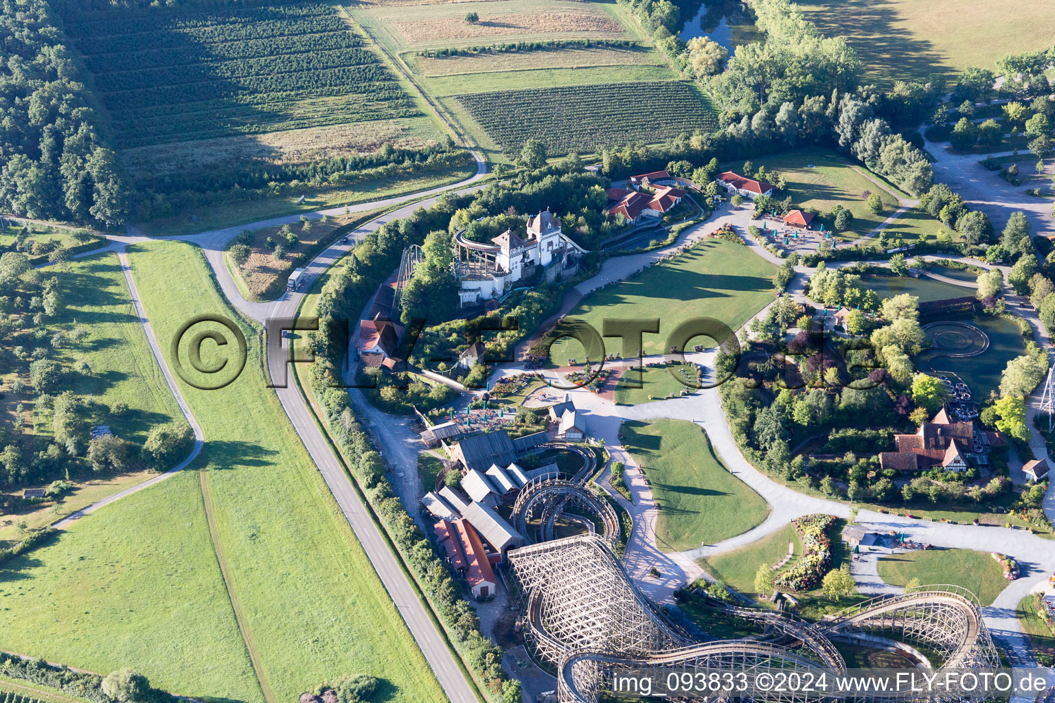 Tripsdrill Adventure Park in the district Treffentrill in Cleebronn in the state Baden-Wuerttemberg, Germany seen from above