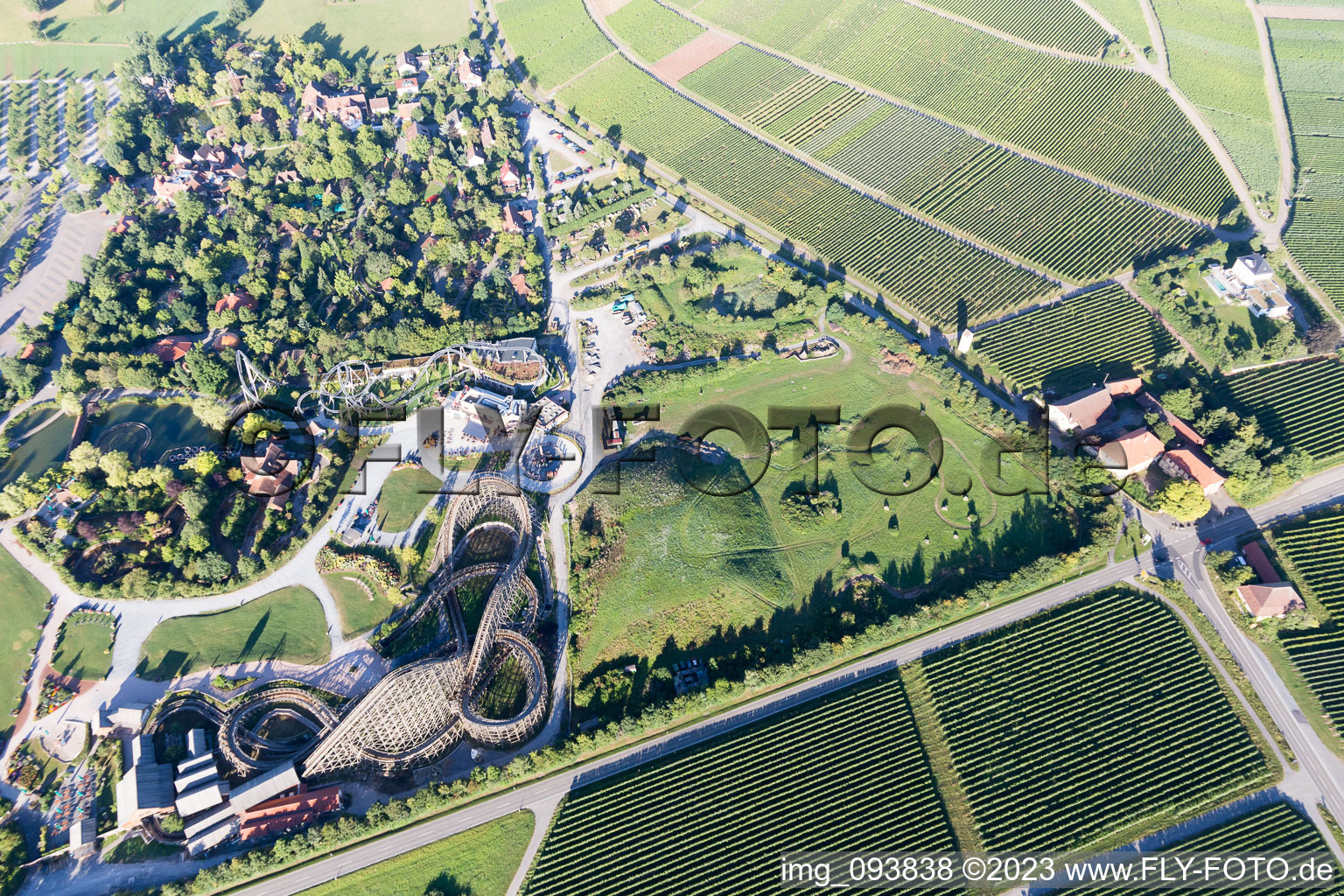 Bird's eye view of Tripsdrill adventure park in Cleebronn in the state Baden-Wuerttemberg, Germany
