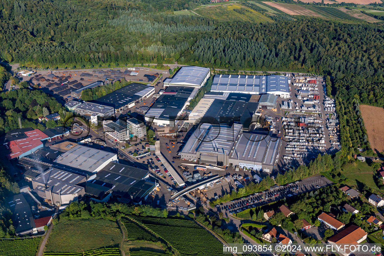 Aerial view of Building and production halls on the premises of Geruestbau Layher GmbH in the district Frauenzimmern in Gueglingen in the state Baden-Wurttemberg