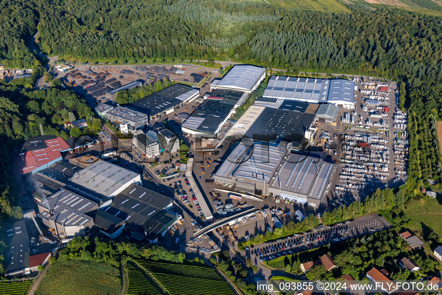 Aerial photograpy of Building and production halls on the premises of Geruestbau Layher GmbH in the district Frauenzimmern in Gueglingen in the state Baden-Wurttemberg