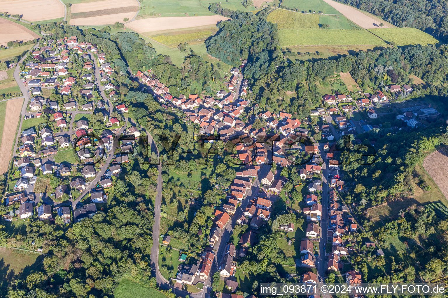 Aerial view of Village - view on the edge of agricultural fields and farmland in Zaberfeld in the state Baden-Wurttemberg, Germany