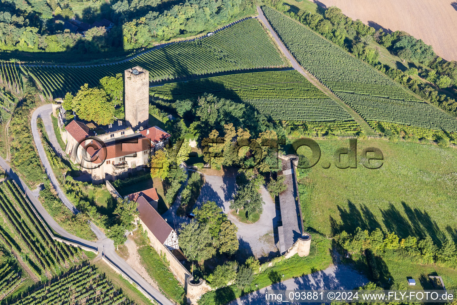 Aerial view of Castle of the fortress Ravensburg with restaurant in Sulzfeld in the state Baden-Wurttemberg, Germany