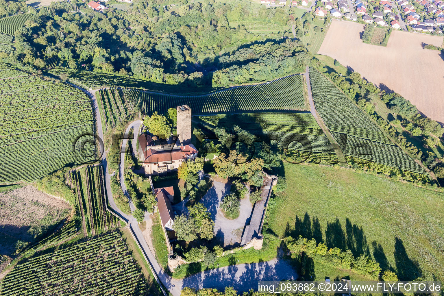 Aerial photograpy of Castle of the fortress Ravensburg with restaurant in Sulzfeld in the state Baden-Wurttemberg, Germany