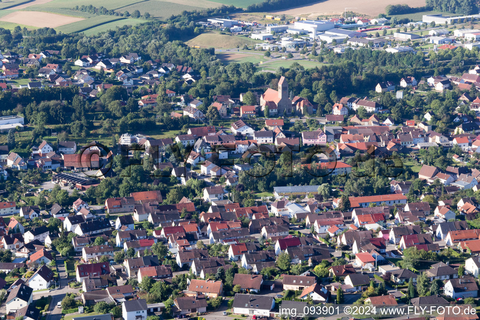 Aerial view of Village - view on the edge of agricultural fields and farmland in the district Flehingen in Oberderdingen in the state Baden-Wurttemberg, Germany