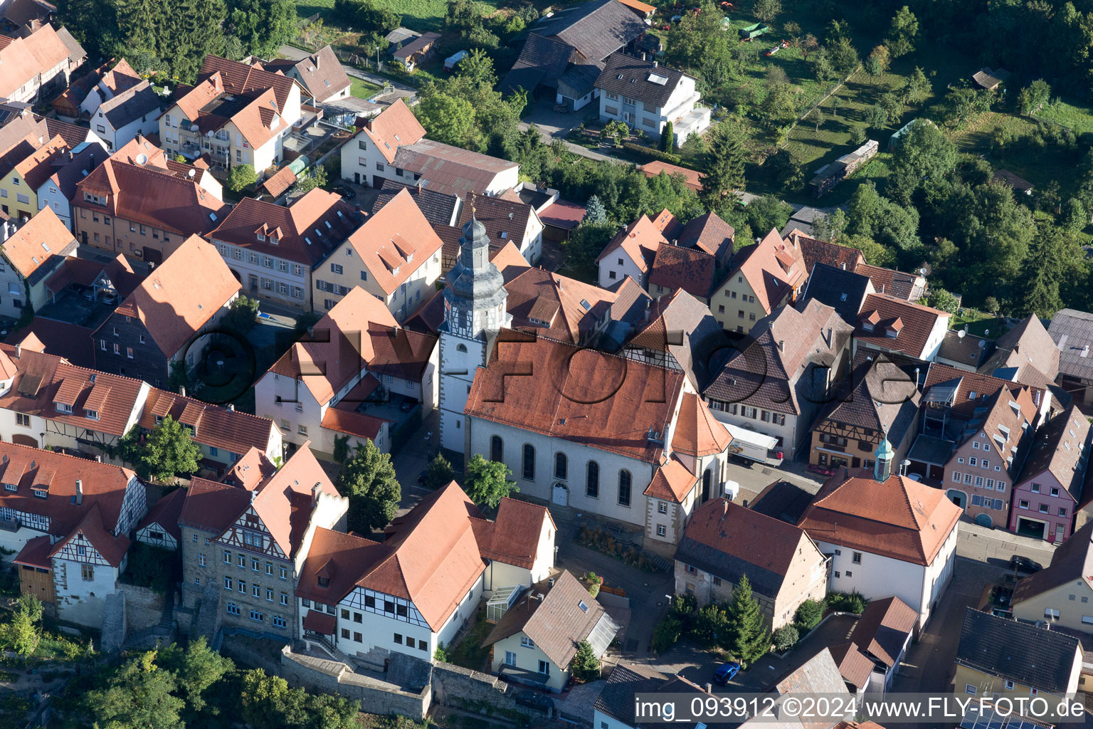 Aerial view of St. Martin from the southeast in the district Gochsheim in Kraichtal in the state Baden-Wuerttemberg, Germany