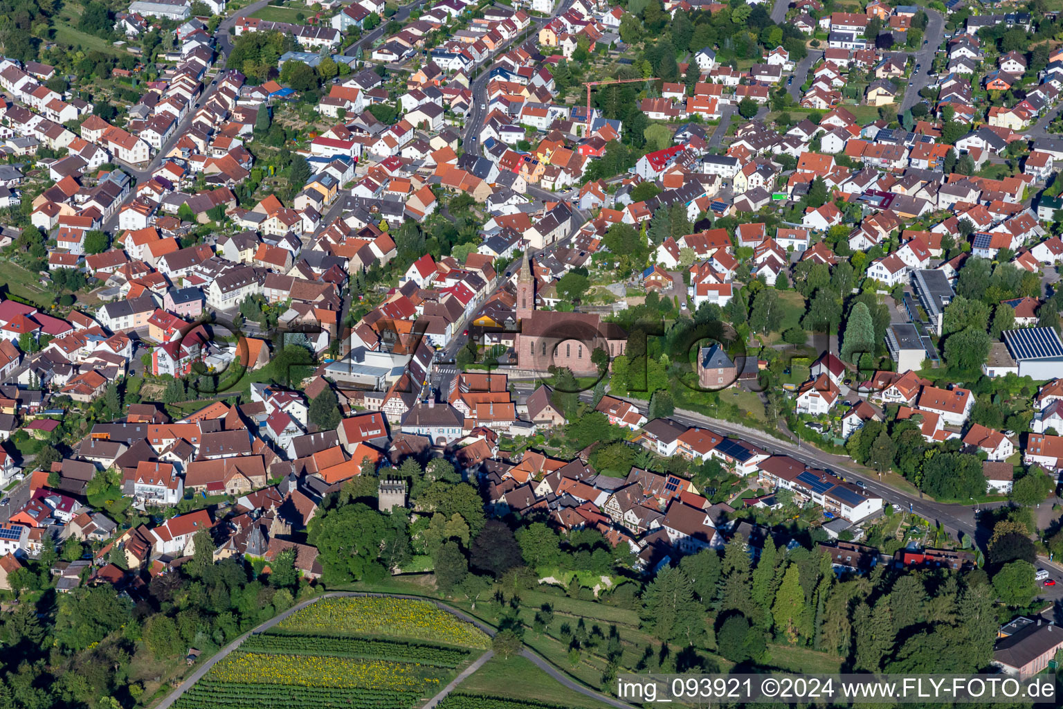 Aerial view of Town View of the streets and houses of the residential areas in the district Obergrombach in Bruchsal in the state Baden-Wurttemberg, Germany