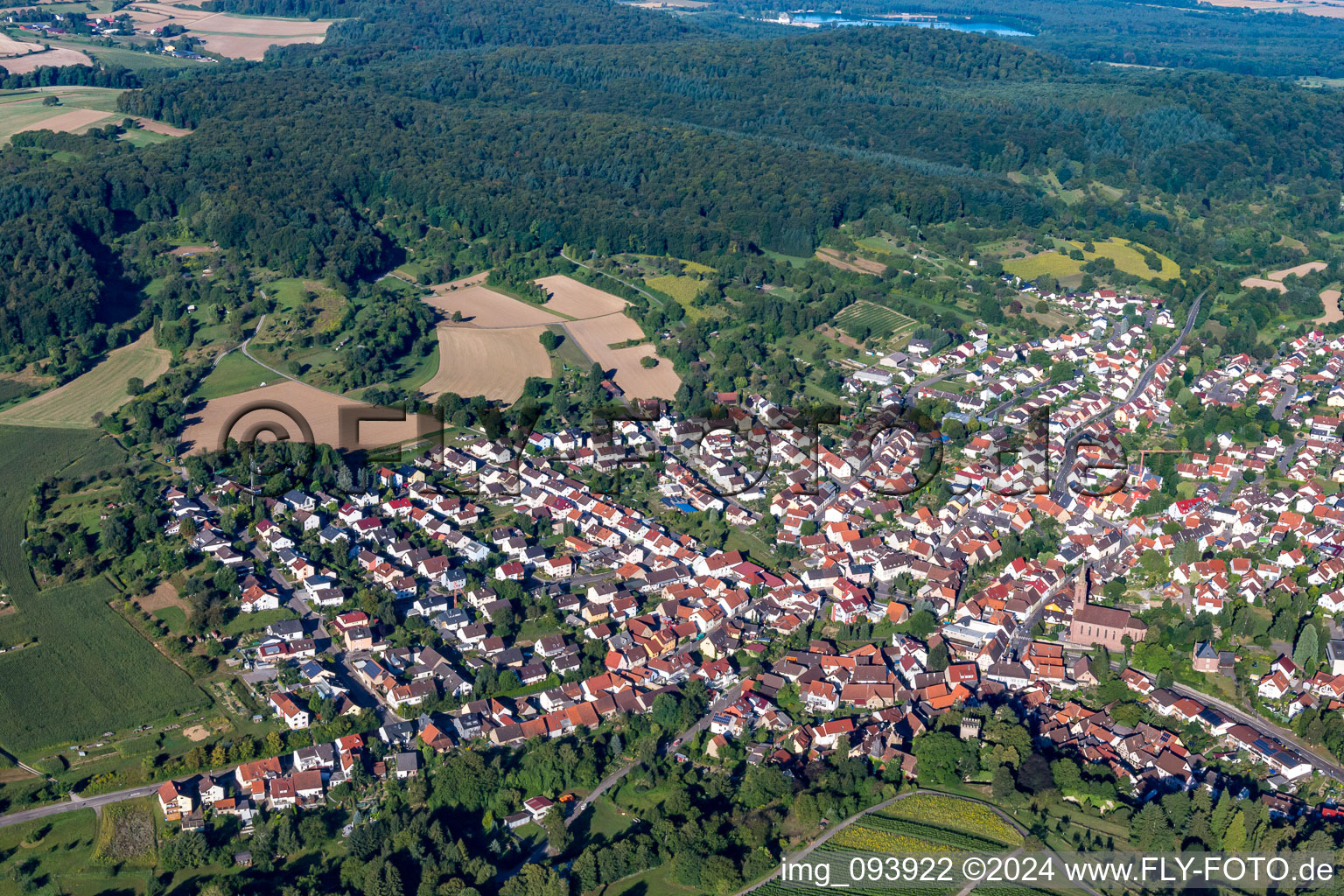 Oblique view of District Obergrombach in Bruchsal in the state Baden-Wuerttemberg, Germany