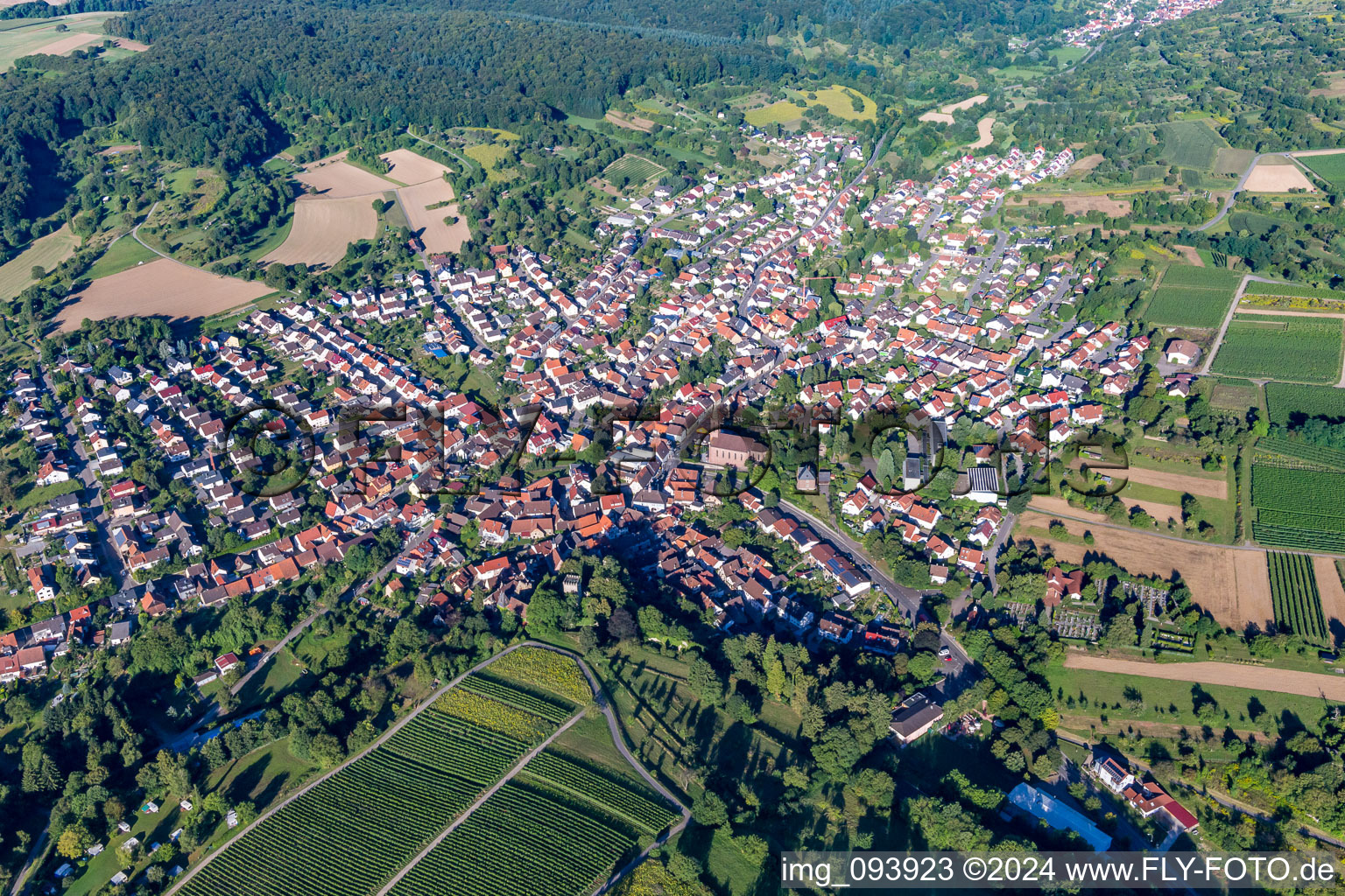 District Obergrombach in Bruchsal in the state Baden-Wuerttemberg, Germany from above