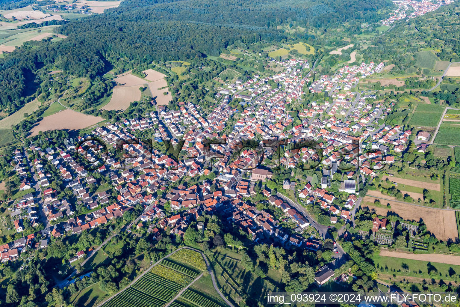 Aerial photograpy of Town View of the streets and houses of the residential areas in the district Obergrombach in Bruchsal in the state Baden-Wurttemberg, Germany