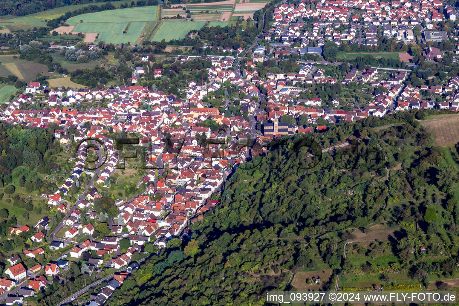 District Obergrombach in Bruchsal in the state Baden-Wuerttemberg, Germany seen from above