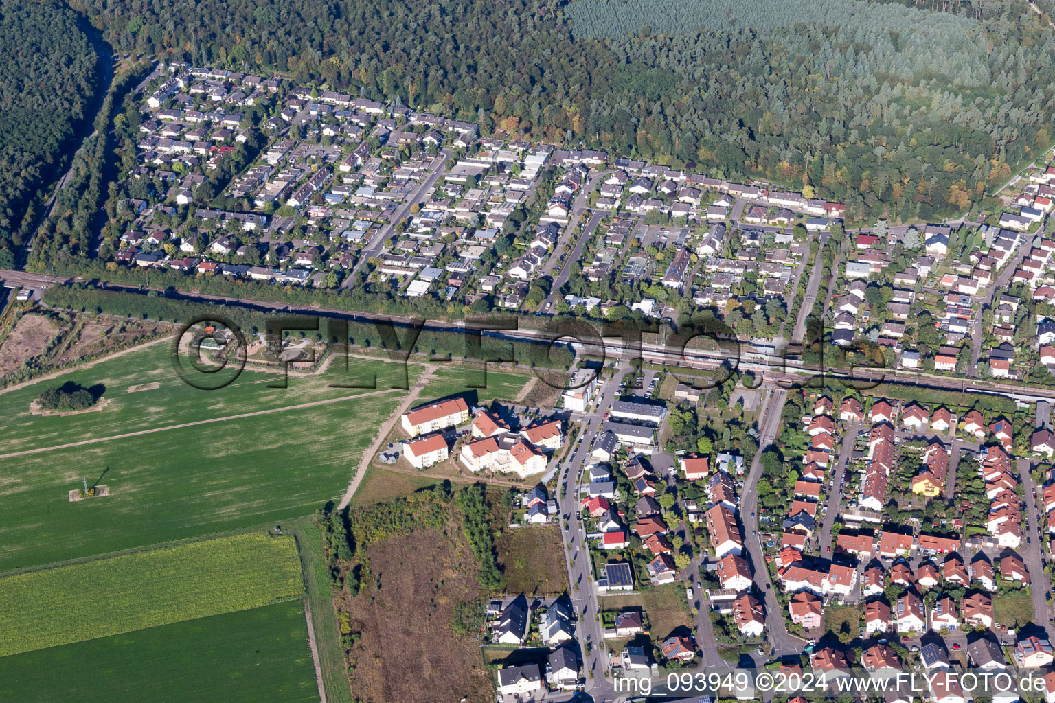 District Friedrichstal in Stutensee in the state Baden-Wuerttemberg, Germany seen from above