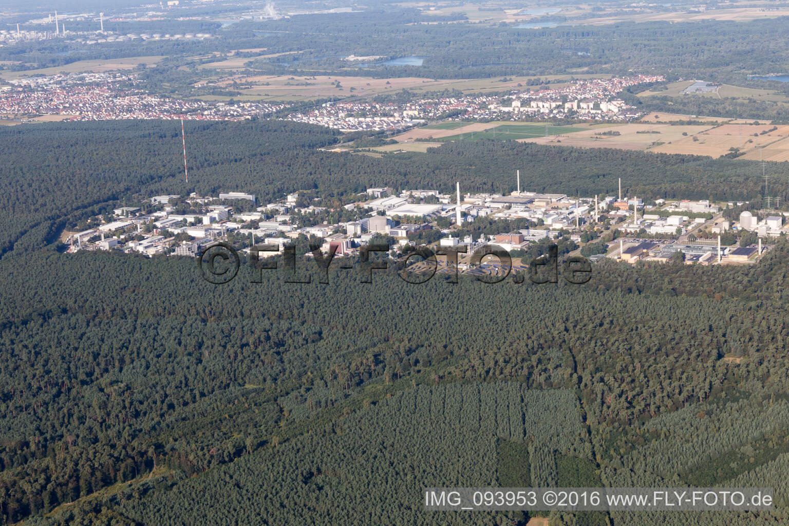 Oblique view of KIT North in the district Leopoldshafen in Eggenstein-Leopoldshafen in the state Baden-Wuerttemberg, Germany