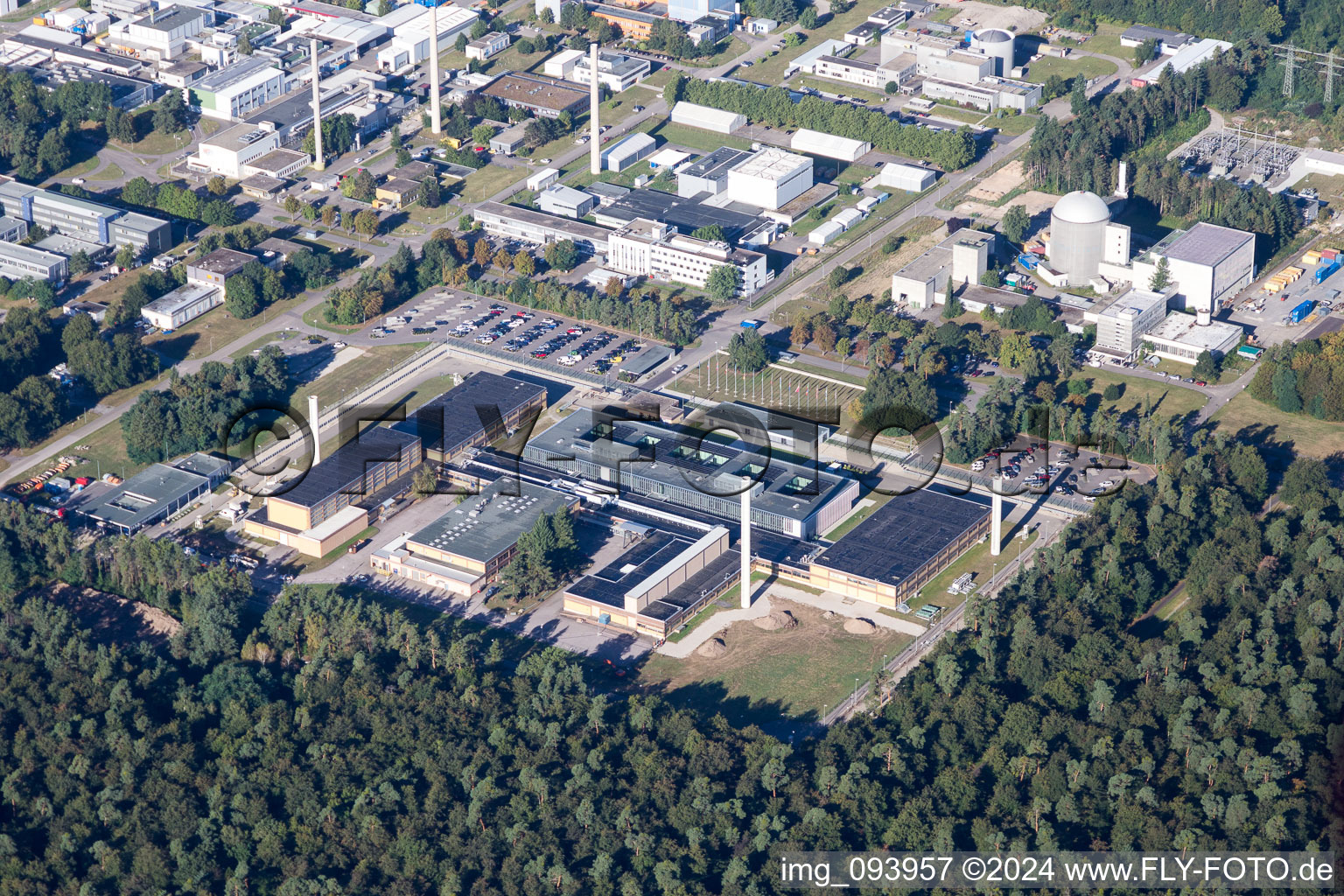 Aerial photograpy of Campus building of the university KIT - Campus Nord (former Nuclear research centre Karlsruhe) in the district Leopoldshafen in Eggenstein-Leopoldshafen in the state Baden-Wurttemberg, Germany