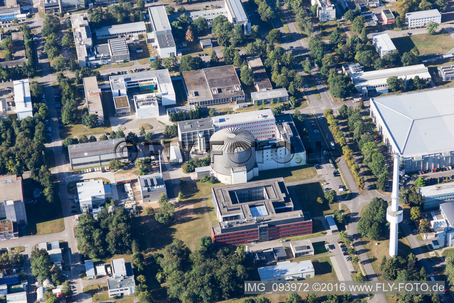 Campus building of the university KIT - Campus Nord (former Nuclear research centre Karlsruhe) in the district Leopoldshafen in Eggenstein-Leopoldshafen in the state Baden-Wurttemberg, Germany seen from above
