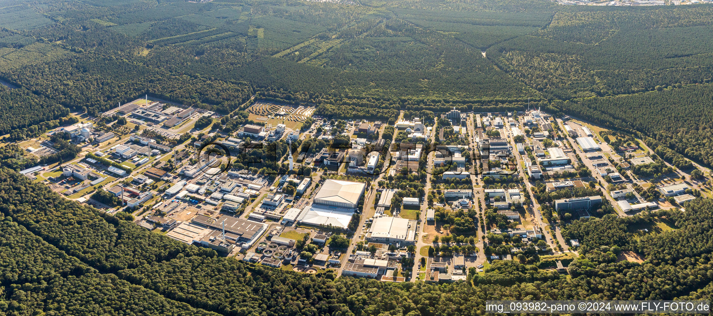 Panoramic perspective of Campus building of the university KIT - Campus Nord (former Nuclear research centre Karlsruhe) in the district Leopoldshafen in Eggenstein-Leopoldshafen in the state Baden-Wurttemberg, Germany