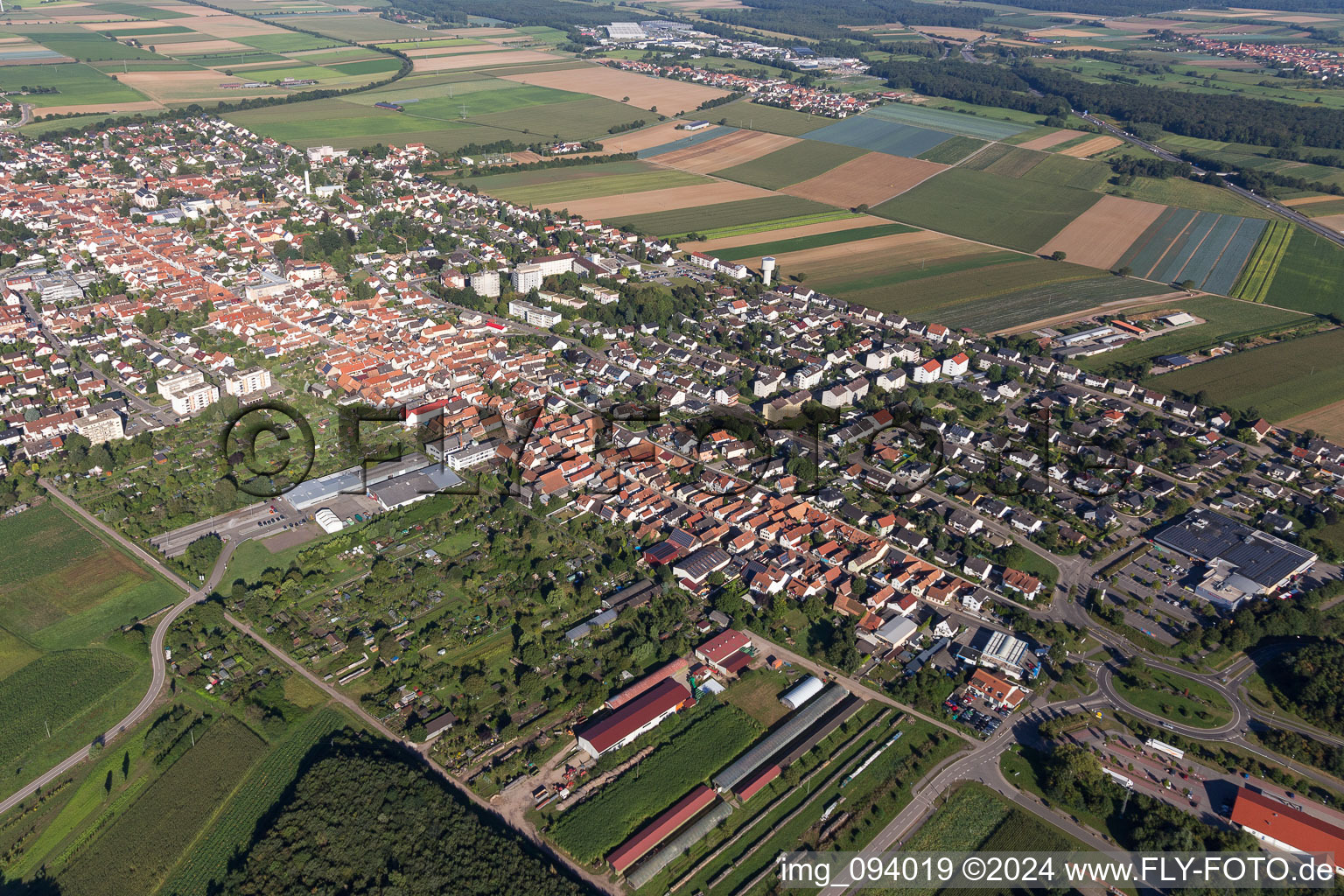 Aerial view of Town View of the streets and houses of the residential areas in Kandel in the state Rhineland-Palatinate, Germany