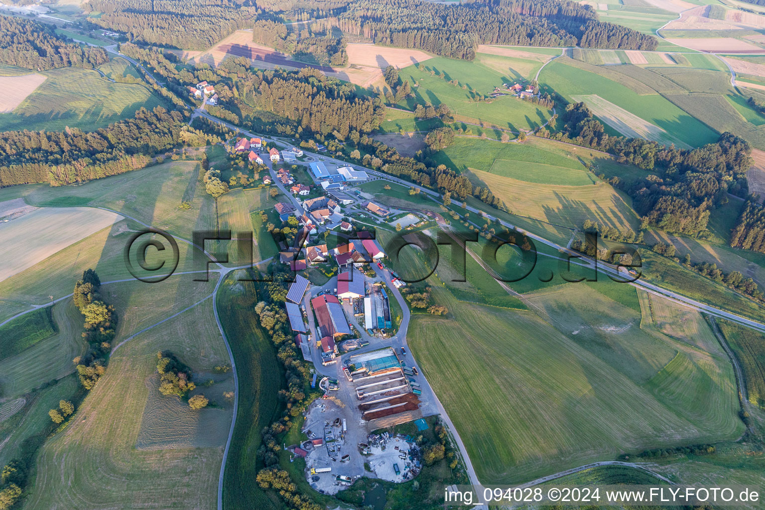 Aerial view of Homestead of a farm Mathaeus Muffler Landwirtschaft in Muehlingen in the state Baden-Wurttemberg, Germany