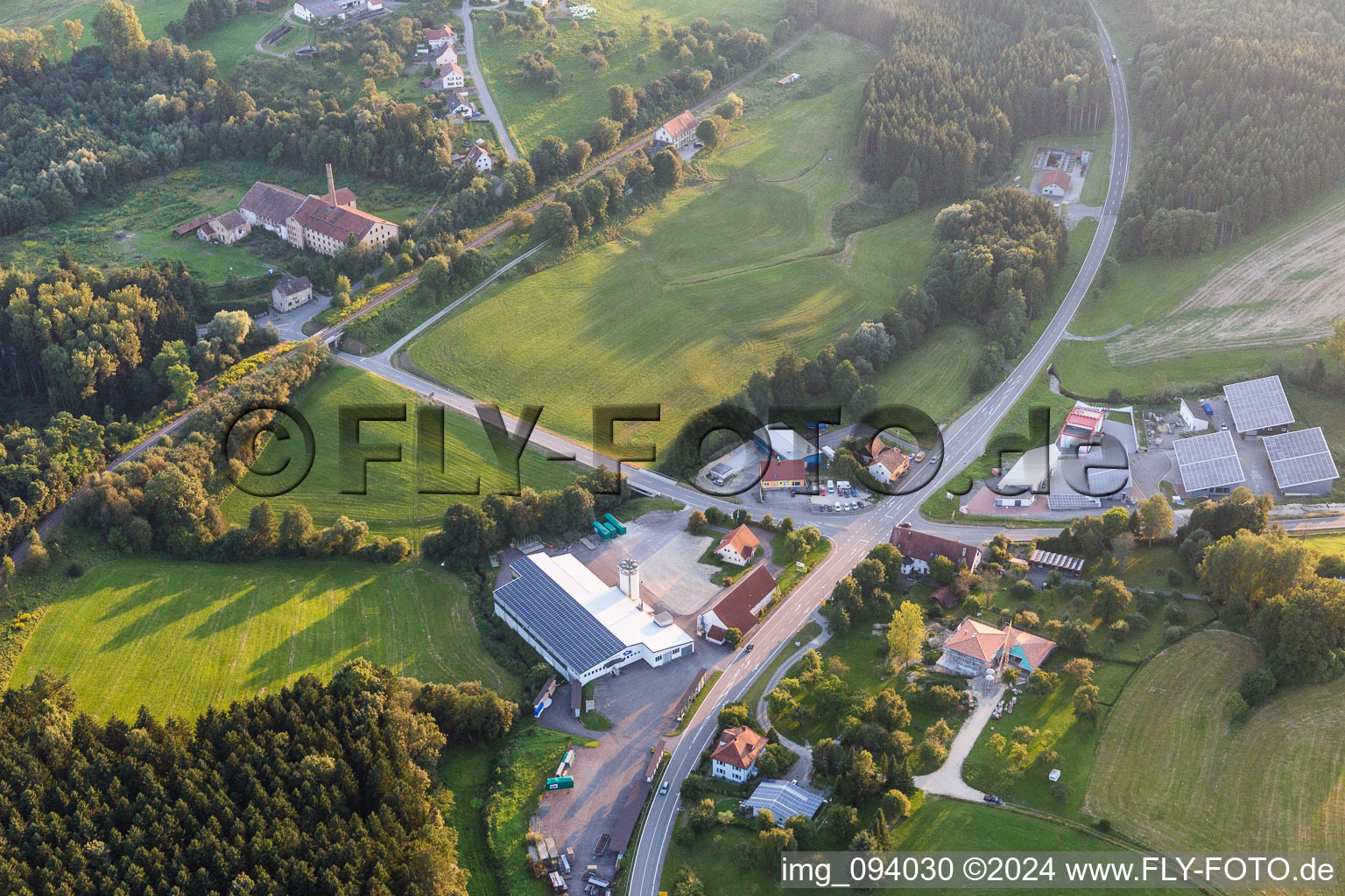 Industrial estate and company settlement Bahnhofstrasse with Folienbaer Werbetechnik and Holzbau Muehlingen GmbH in Muehlingen in the state Baden-Wurttemberg, Germany