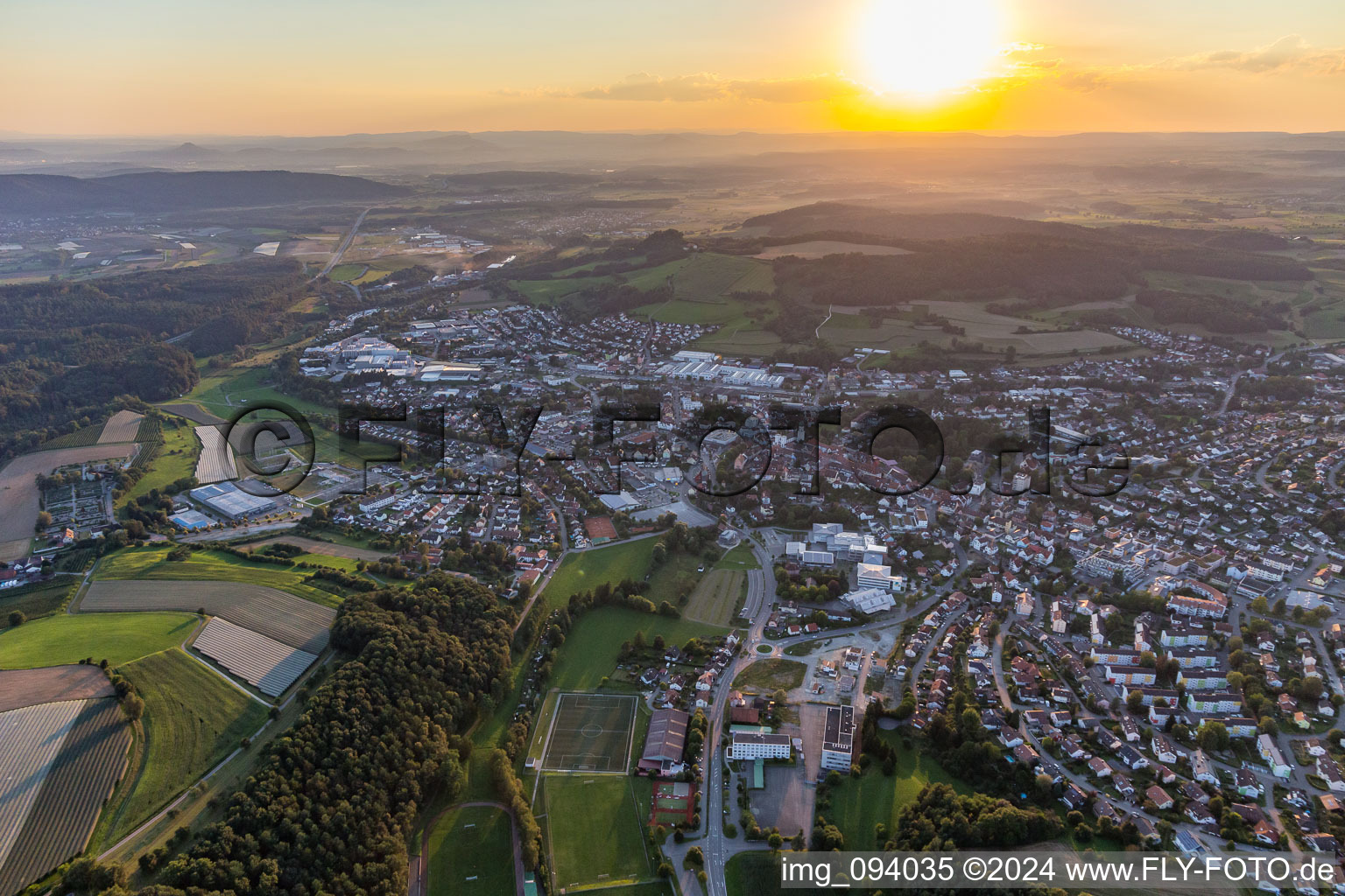 Sunset over the countryside of Hegau in Stockach in the state Baden-Wurttemberg, Germany