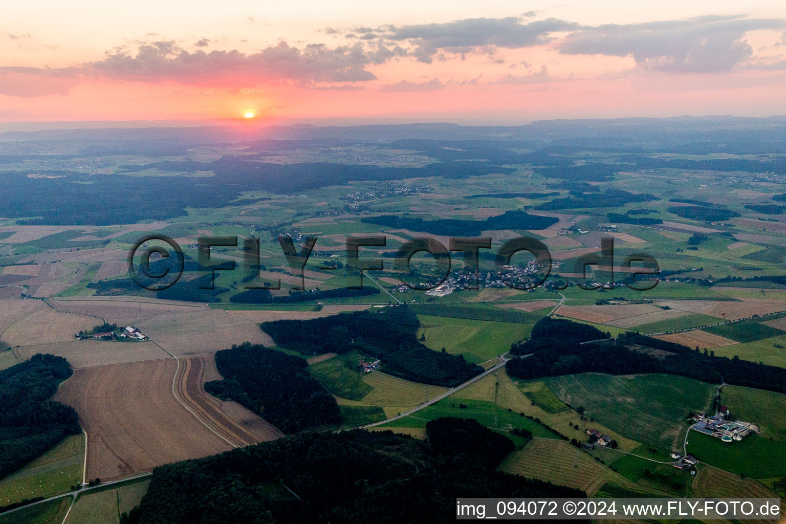 Sunset over the countryside Hegau in the district Boll in Sauldorf in the state Baden-Wurttemberg, Germany