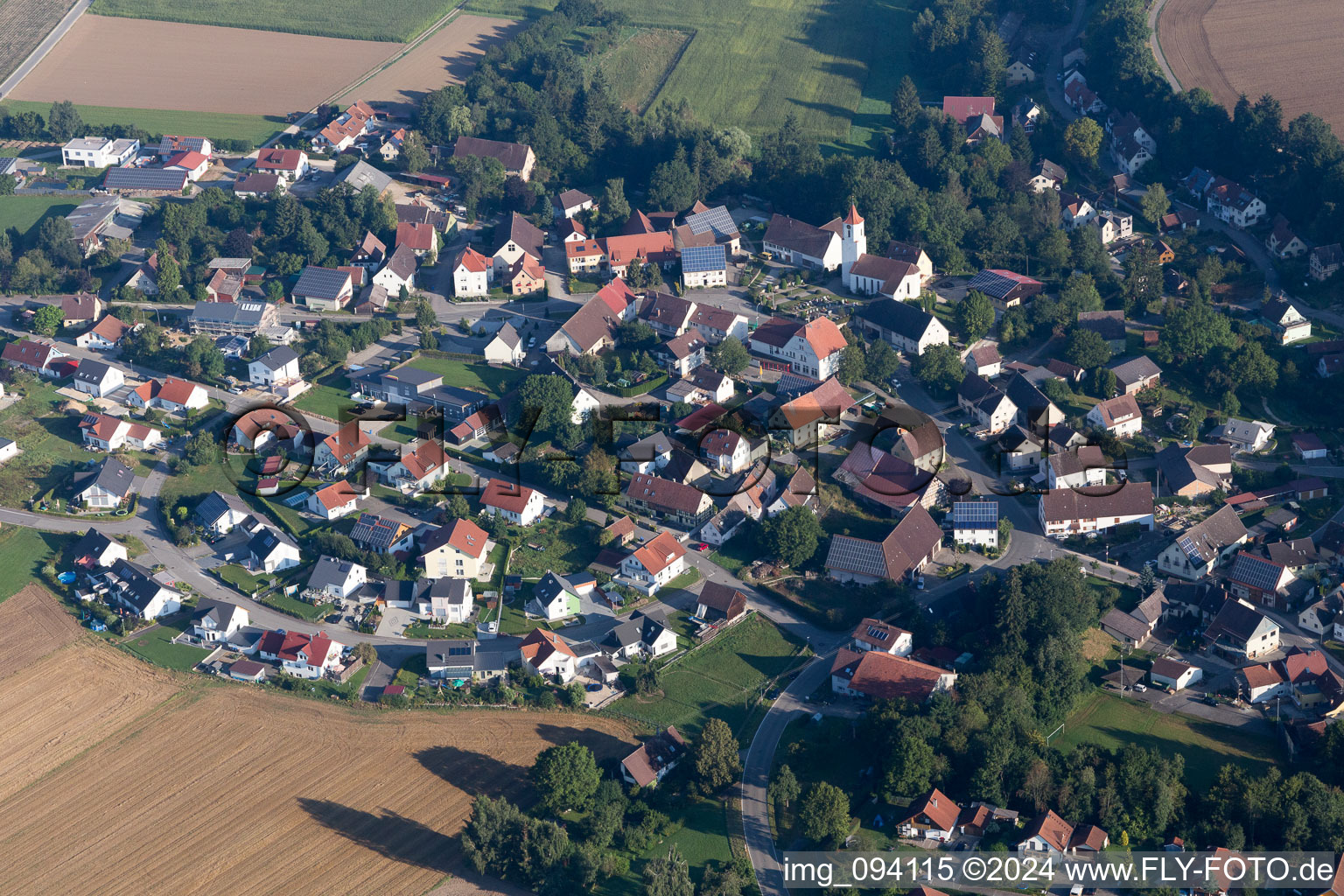 Aerial view of Town View of the streets and houses of the residential areas in the district Erisdorf in Ertingen in the state Baden-Wurttemberg