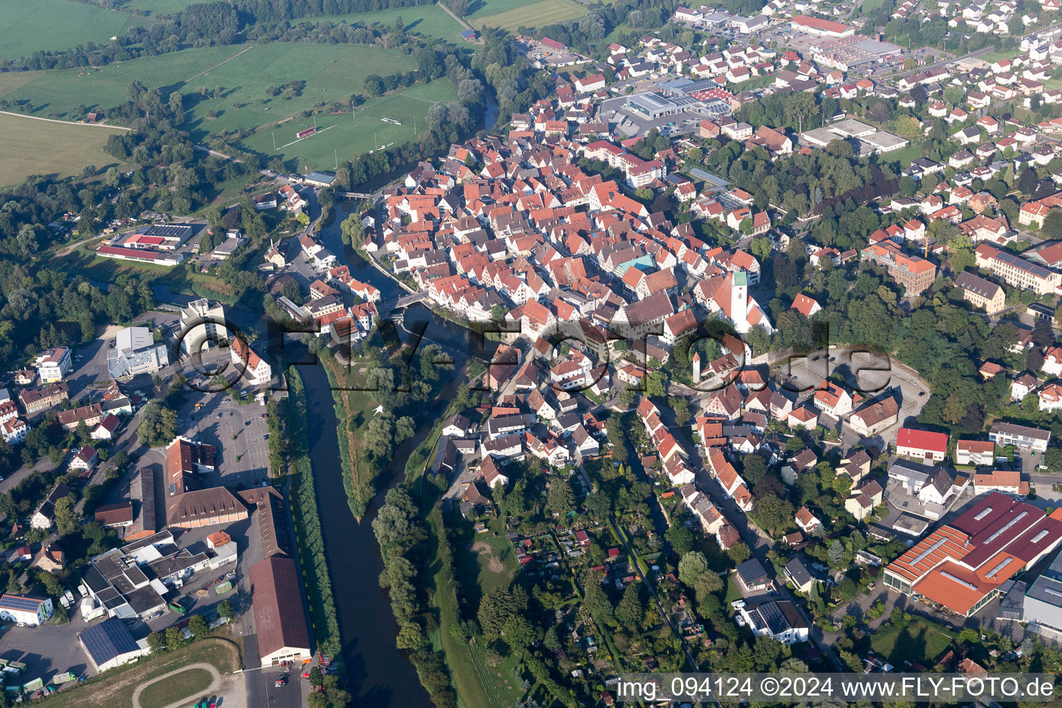 Oblique view of Town View of the streets and houses of the residential areas in the district Neufra in Riedlingen in the state Baden-Wurttemberg