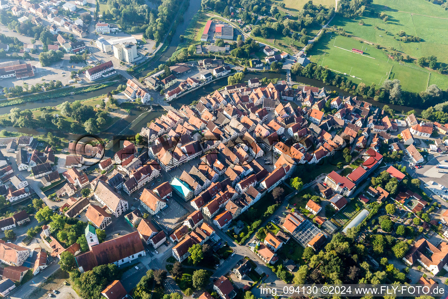 Aerial photograpy of Old Town area and city center in Riedlingen in the state Baden-Wurttemberg, Germany