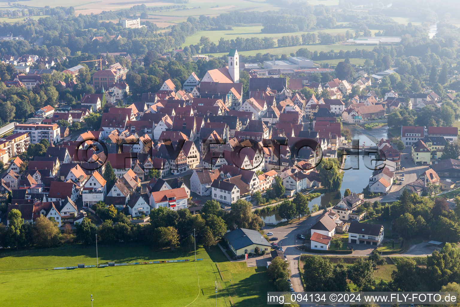 Village on the banks of the area of the river Danube - river course in Riedlingen in the state Baden-Wurttemberg, Germany