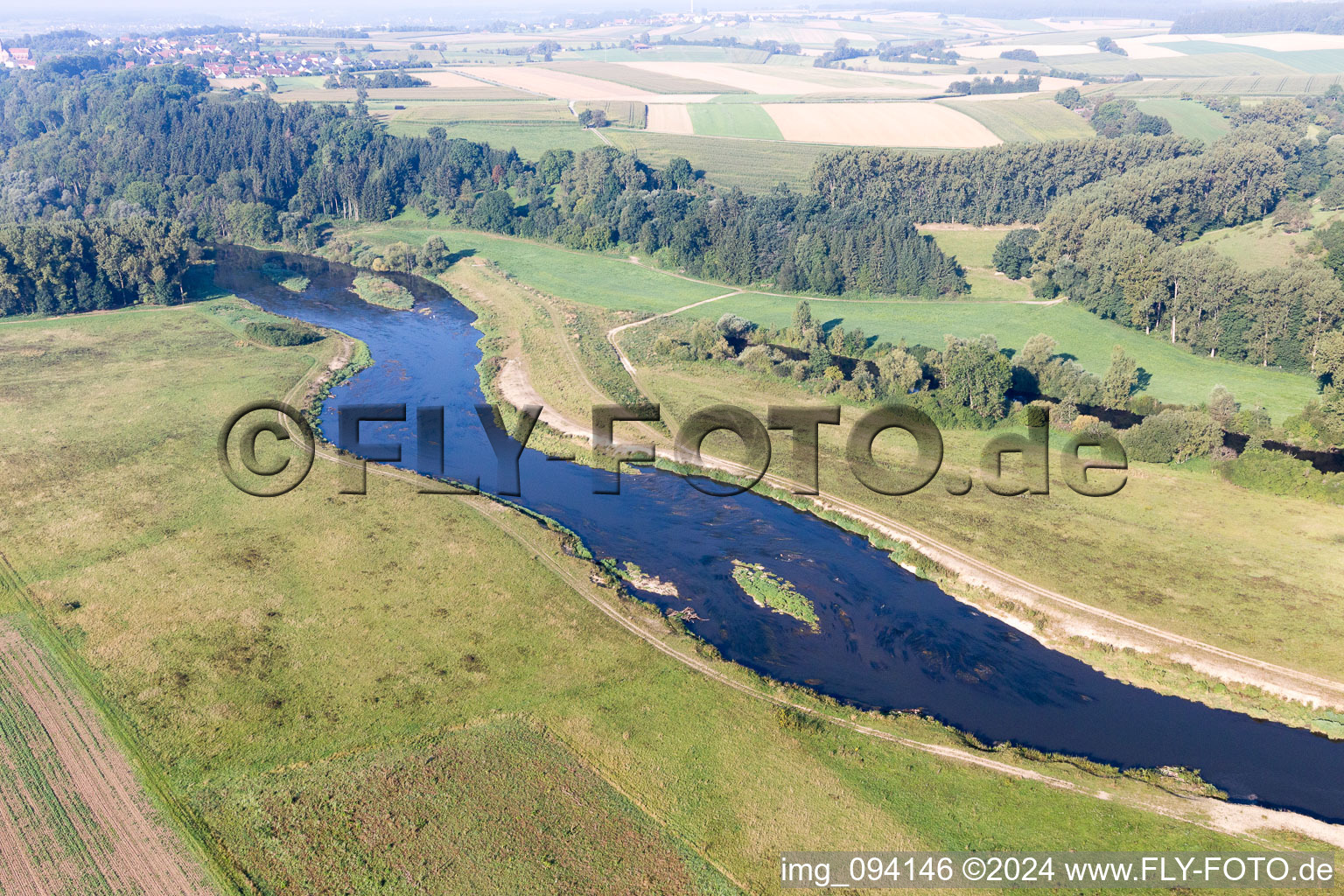 Aerial view of Course of the Danube in the district Hundersingen in Herbertingen in the state Baden-Wuerttemberg, Germany