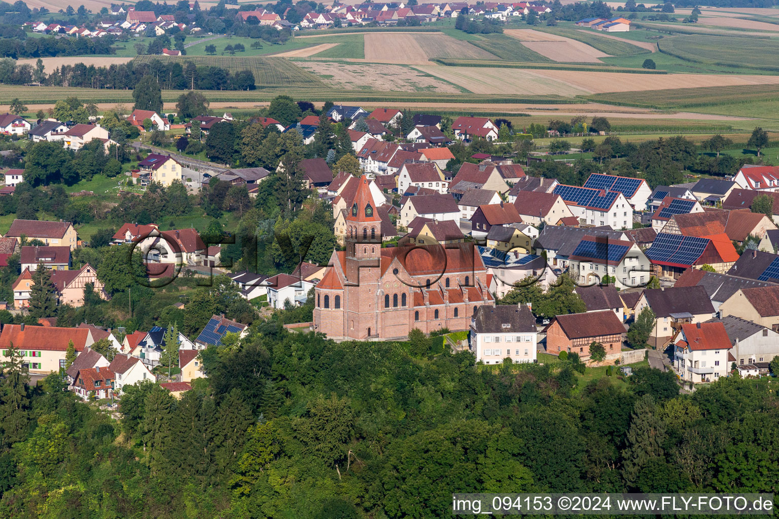 Aerial view of Church building in the village of in the district Hundersingen in Herbertingen in the state Baden-Wurttemberg, Germany