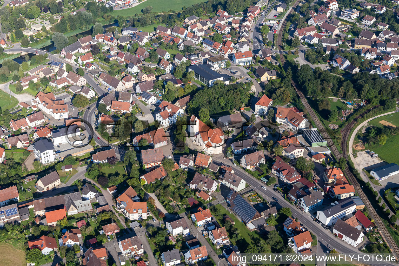 Aerial view of Village on the river bank areas of the river Danube in Sigmaringendorf in the state Baden-Wurttemberg, Germany