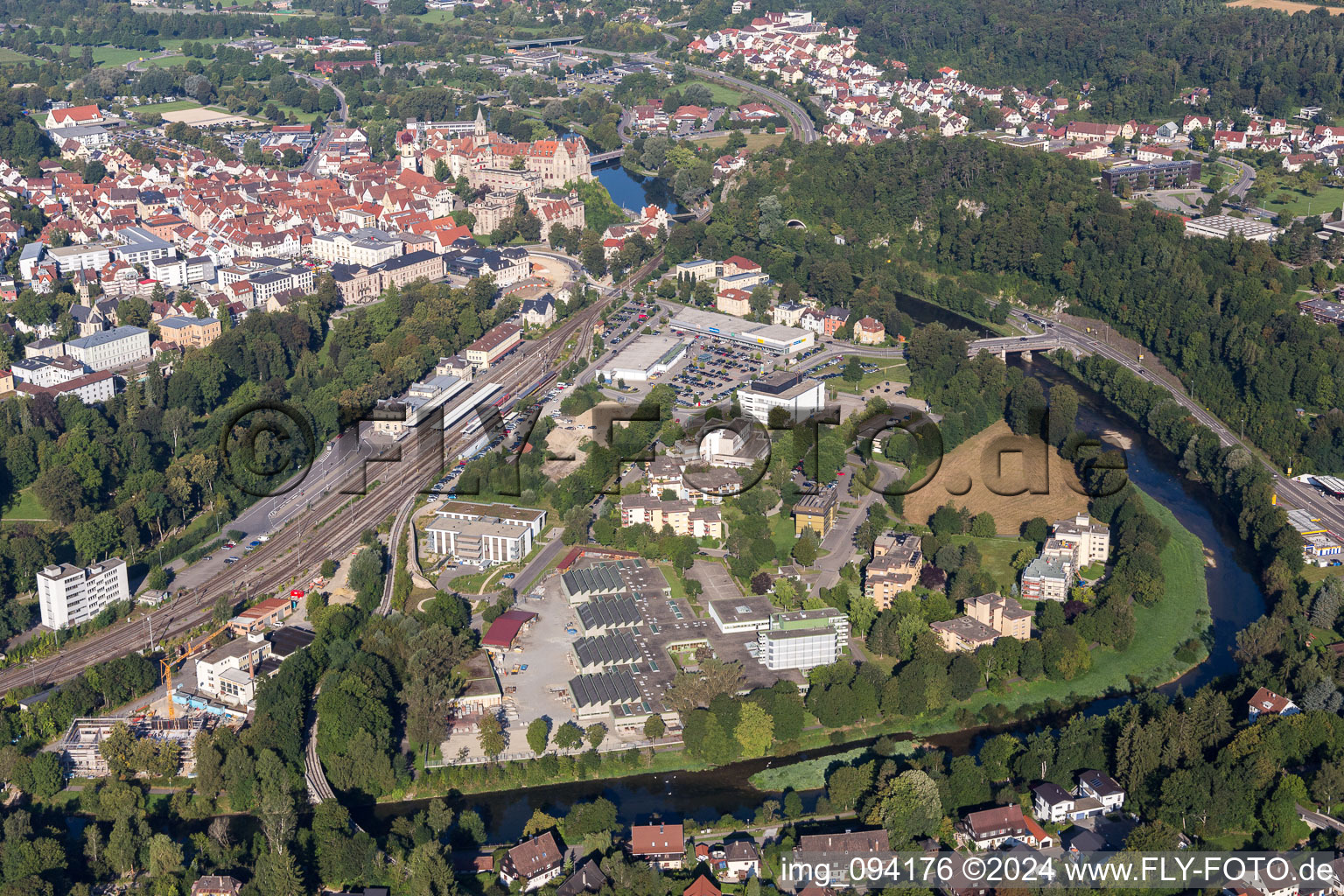 Station railway building of the Deutsche Bahn on a loop of the Danube in Sigmaringen in the state Baden-Wurttemberg, Germany