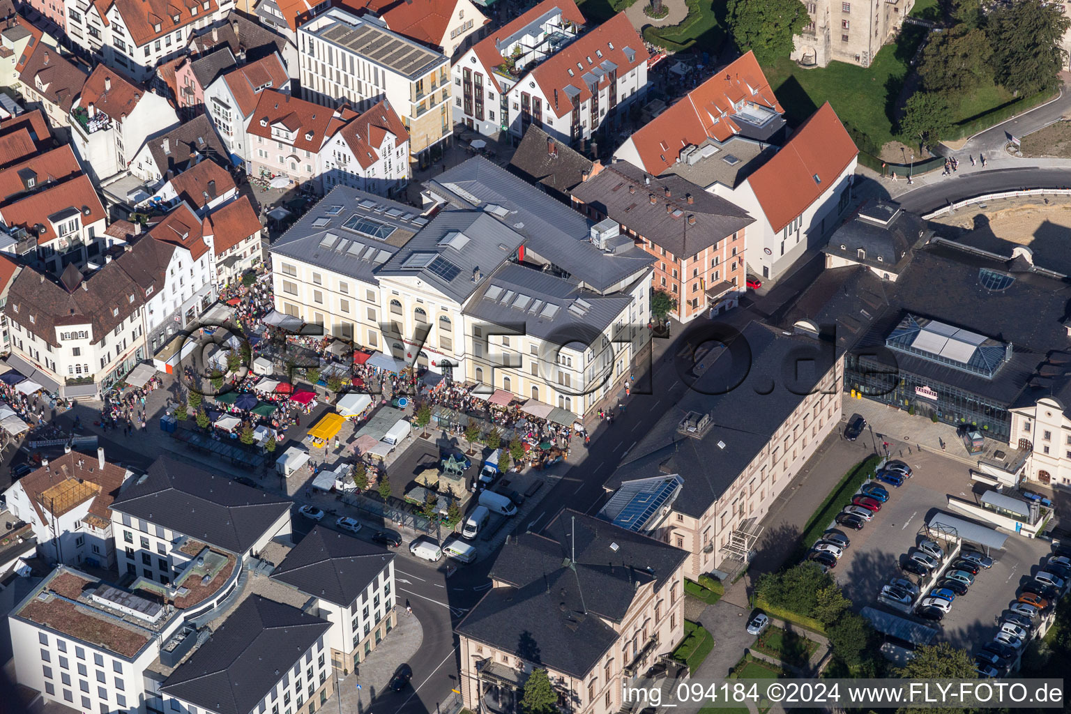 Sale and food stands and trade stalls in the market place on weekly market on Leopoldplatz in Sigmaringen in the state Baden-Wurttemberg, Germany