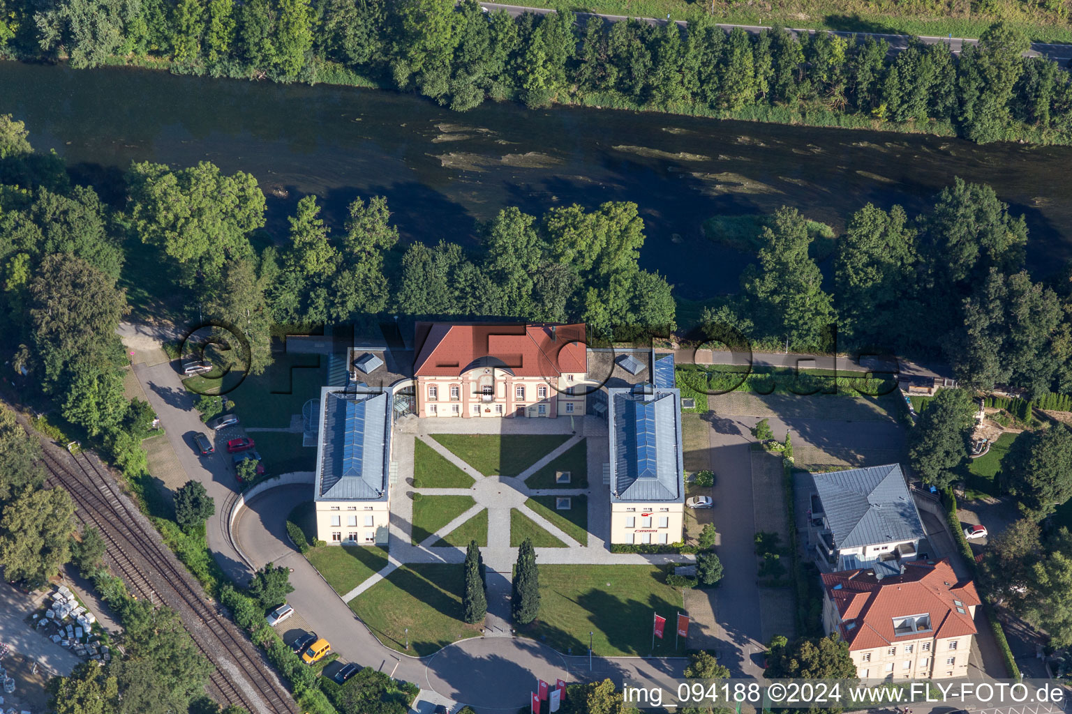 Building complex in the park of the castle Sparkassen-Forum Hofgarten on the Danube river in Sigmaringen in the state Baden-Wurttemberg, Germany