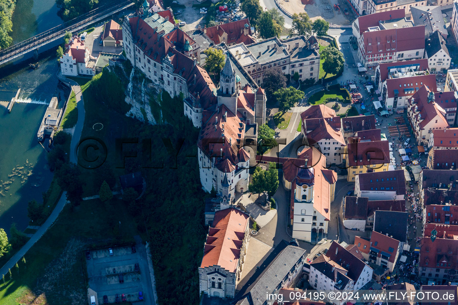 Aerial view of Castle of Sigmaringen between Danube and old town of Sigmaringen in the state Baden-Wurttemberg, Germany