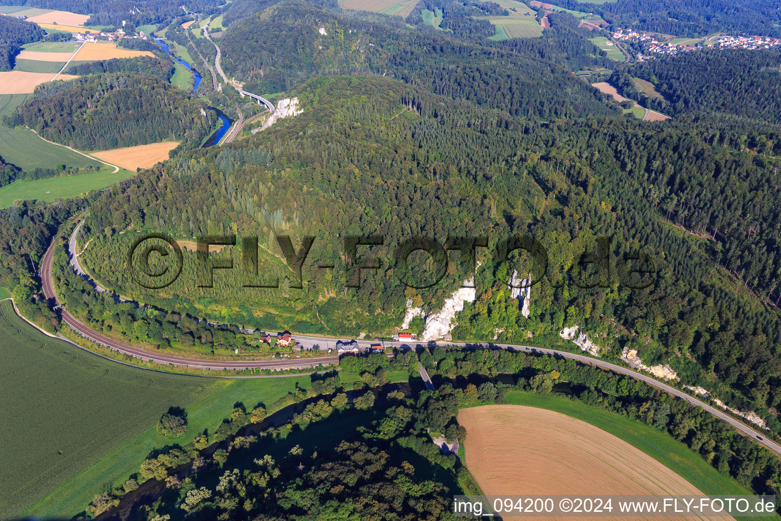 Steep limestone cliffs in the Danube Valley in Inzigkofen in the state Baden-Wuerttemberg, Germany