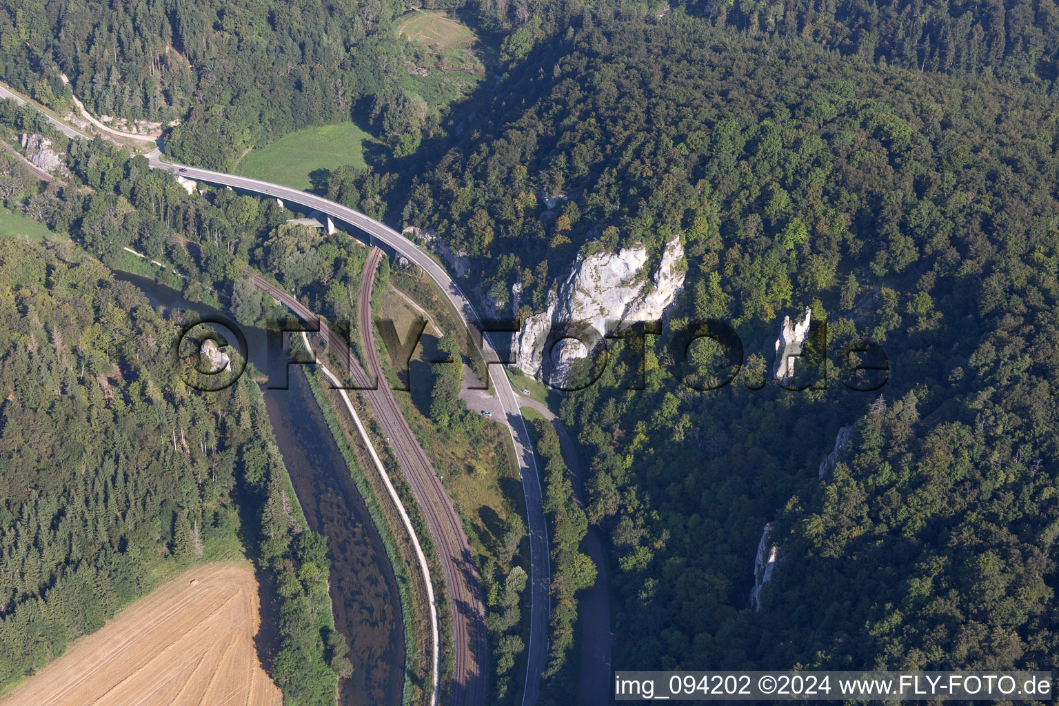 Road and railway layout in bridge construction at the shore of the Danube in Sigmaringen in the state Baden-Wurttemberg, Germany