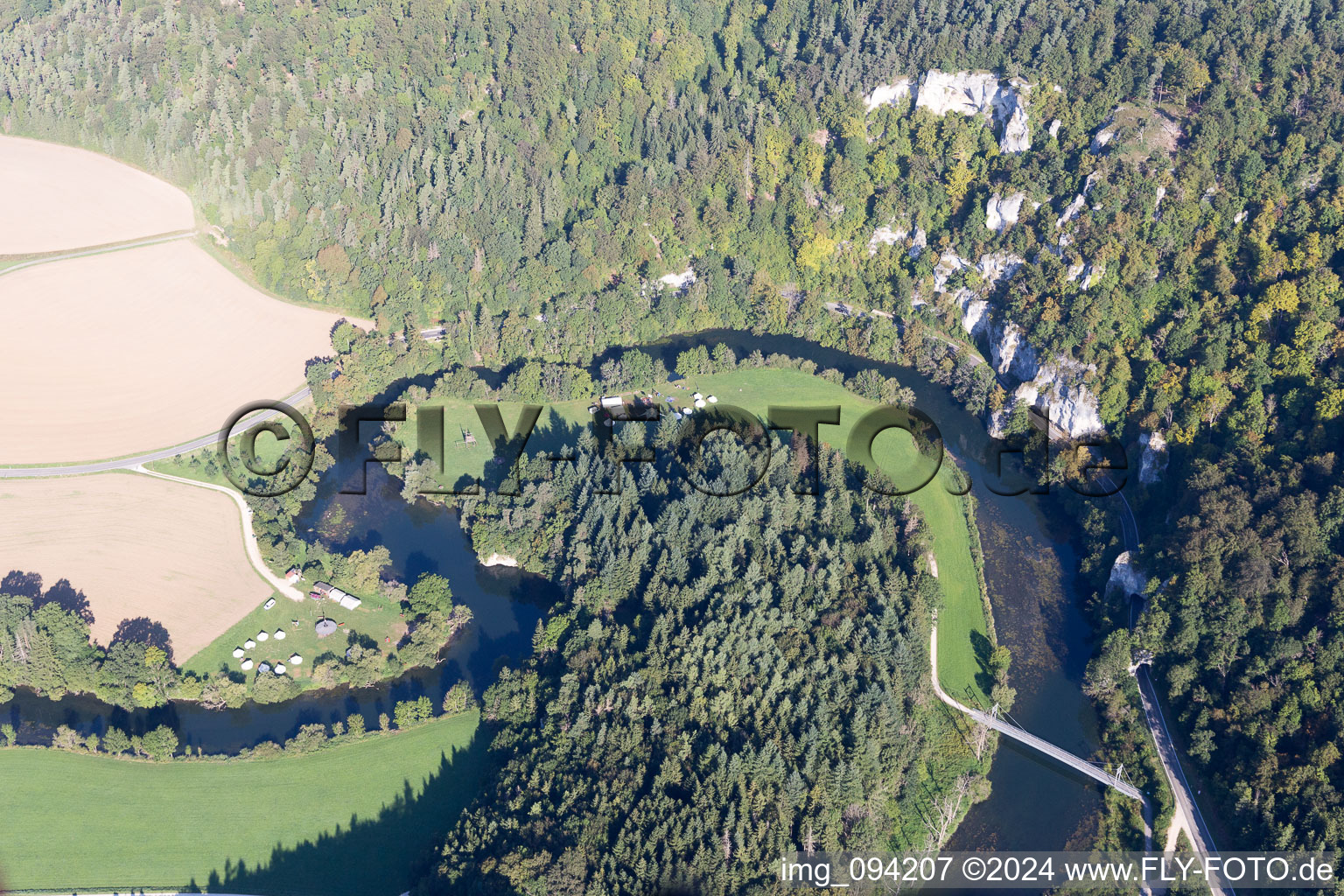 Curved loop of the riparian zones on the course of the river Danube in the district Gutenstein in Sigmaringen in the state Baden-Wurttemberg