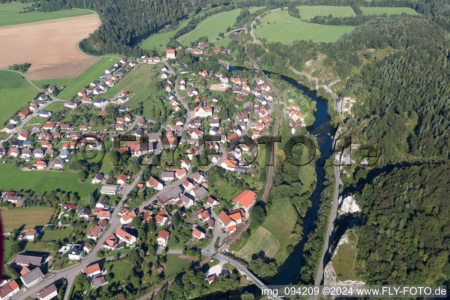 Village on the river bank areas of the river Danube in the district Gutenstein in Sigmaringen in the state Baden-Wurttemberg, Germany