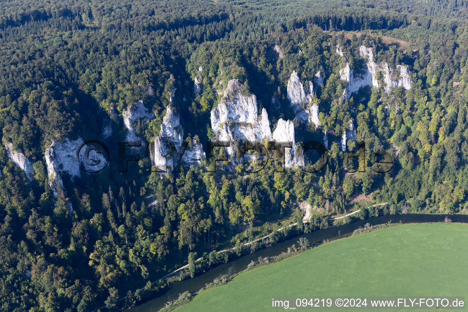 Rocks at the Curved loop of the riparian zones on the course of the river of the river Danube in Beuron in the state Baden-Wurttemberg, Germany