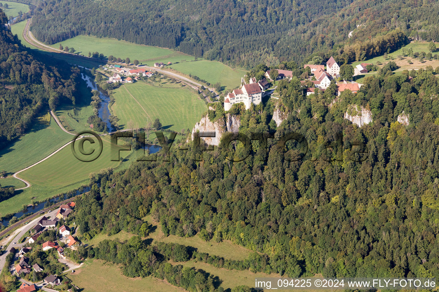 Aerial view of Ruins and vestiges of the former castle and fortress Ruine Schloss Hausen in Tal above the valley of the Danube in Beuron in the state Baden-Wurttemberg, Germany