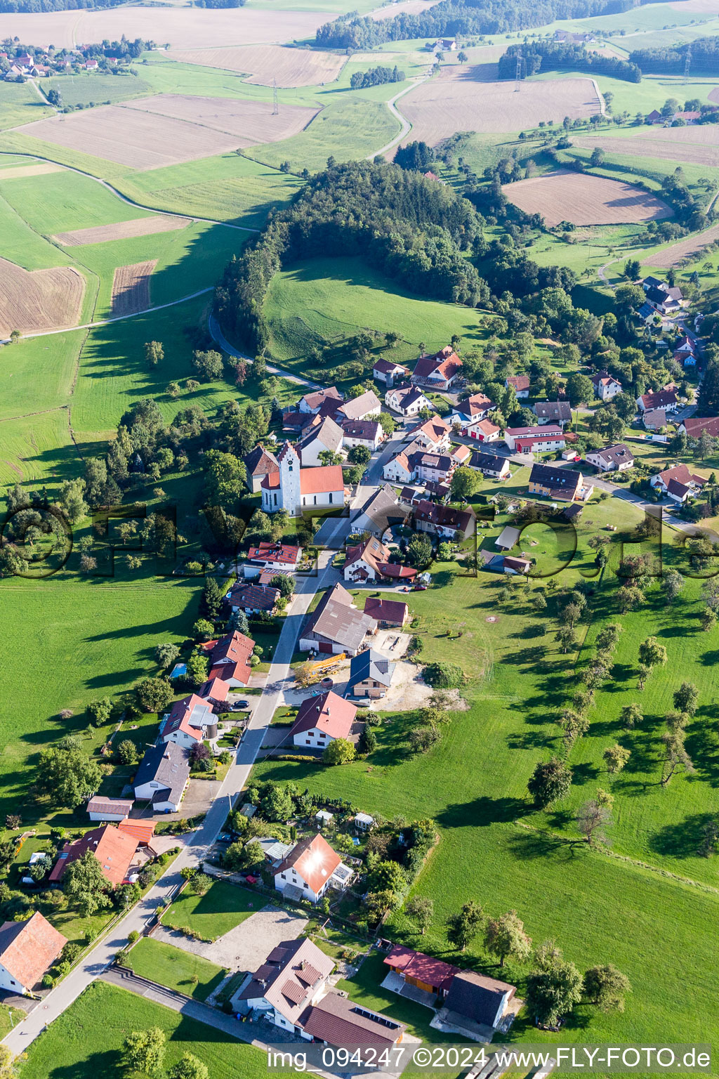 Aerial view of Village - view on the edge of agricultural fields and farmland in the district Rorgenwies in Eigeltingen in the state Baden-Wurttemberg, Germany