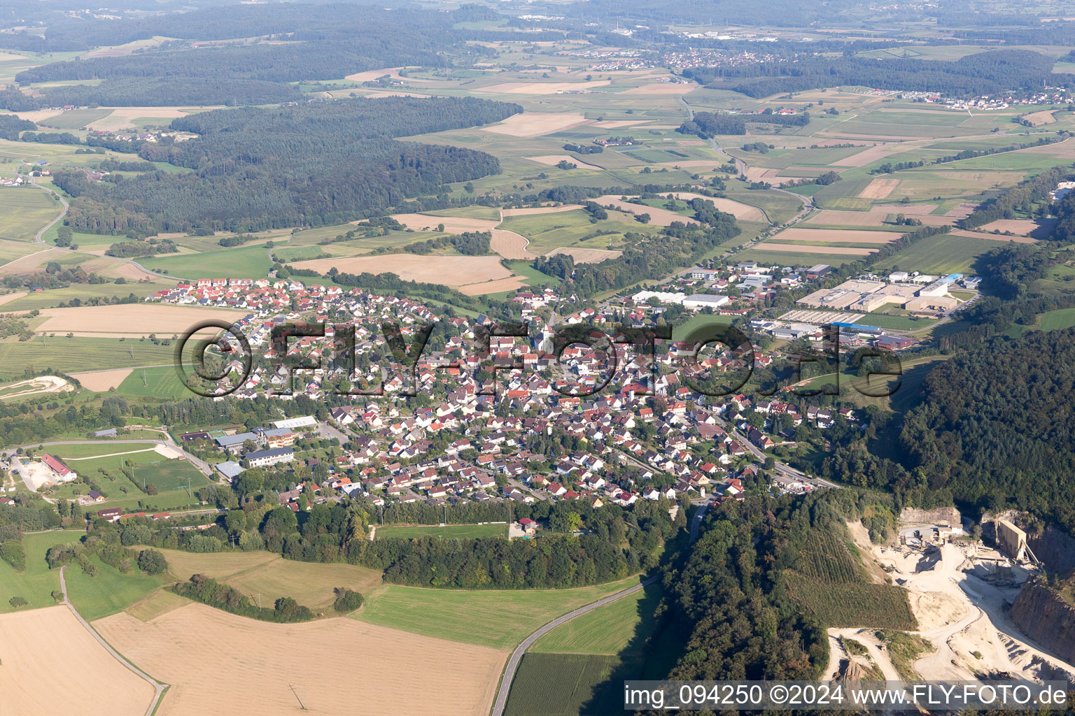 Village - view on the edge of agricultural fields and farmland in Eigeltingen in the state Baden-Wurttemberg